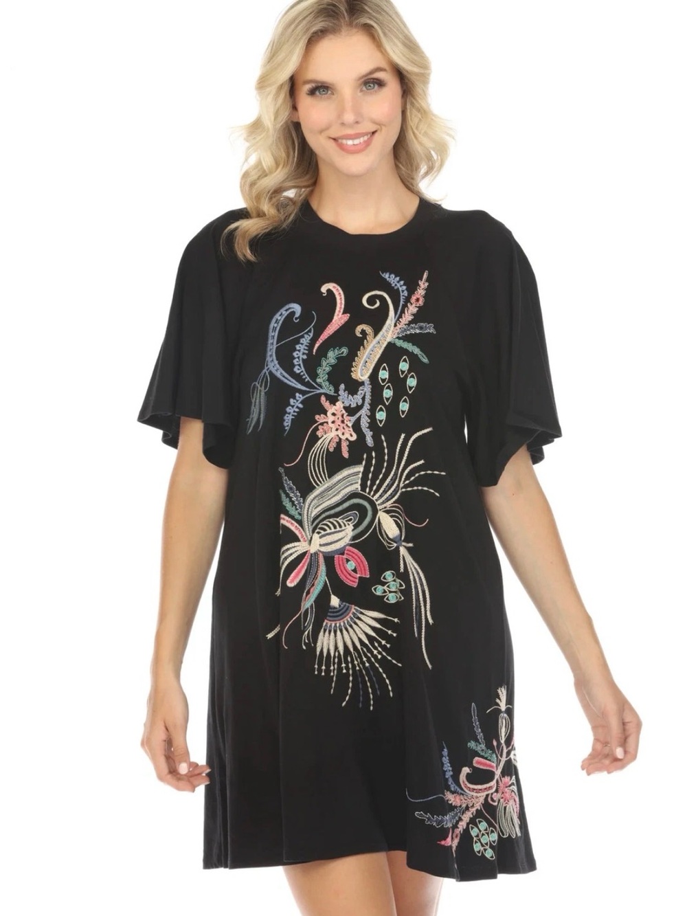 Johnny Was Antonella Black Embroidered Flutter Sleeve T Shirt Dress Xl Boho